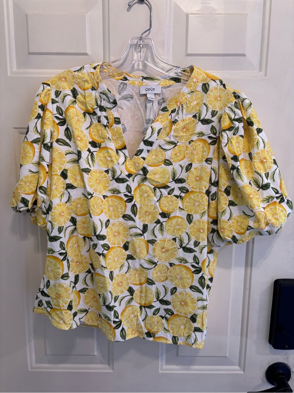 Anthropologie CeCe Yellow Lemon Print V-Neck Blouse - Picture 5 of 5